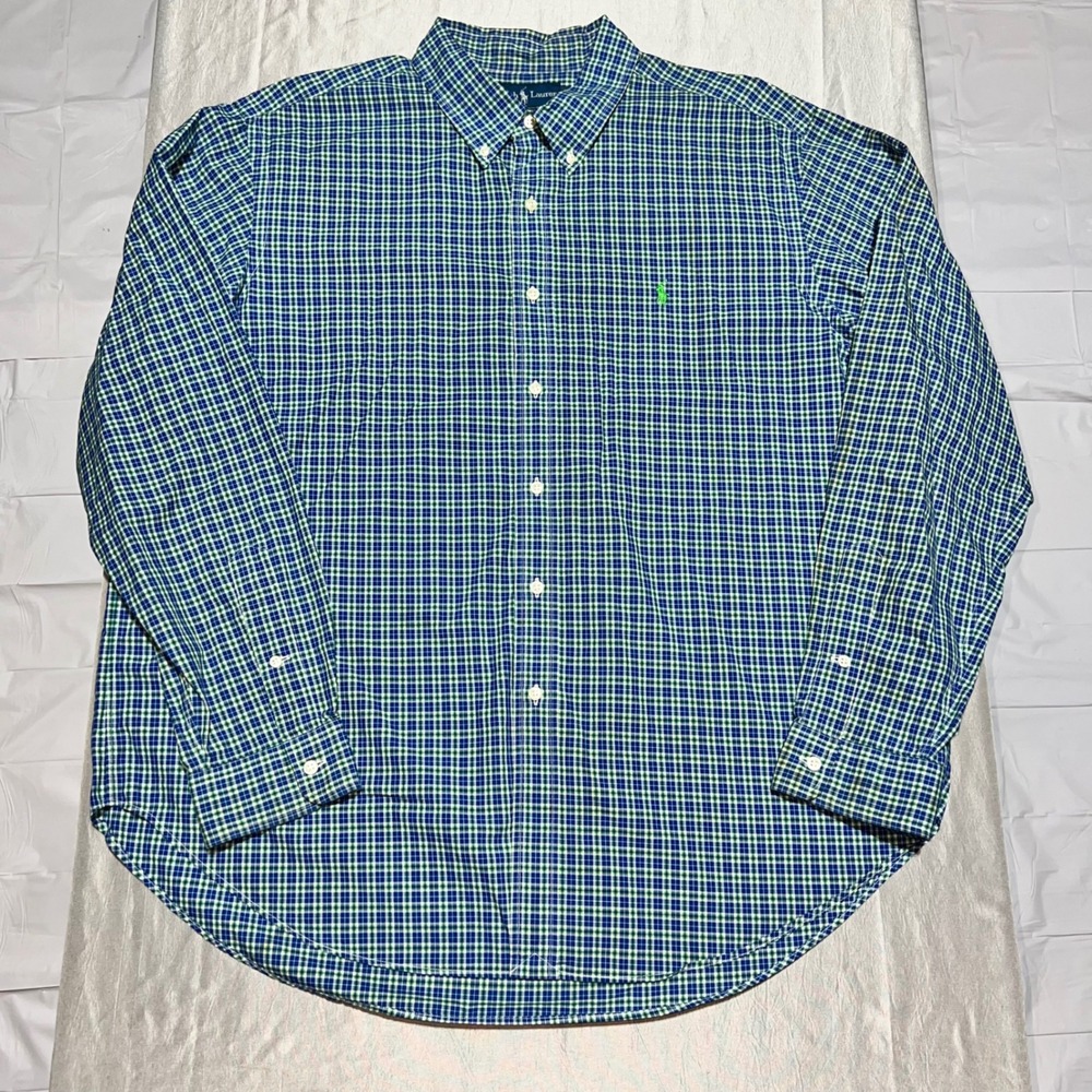 Ralph Lauren Mens XXL Classic Fit Plaid Button Down Shirt Blue Green Long Sleeve